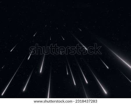 Star rain in the night sky. A stream of meteors reached the Earth. Falling meteorites on a black background.