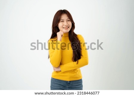 Beautiful asian woman with happy expression in white background. Studio shot. Isolated on white background.