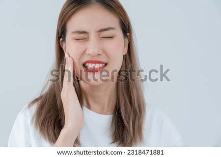Asian woman feel toothache from gingivitis, female suffer tooth, decay problems, dental care. sensitive tooth, decay problem, bad breath, Gingival Recession, Oral Hygiene instruction, tooth extraction Royalty-Free Stock Photo #2318471881
