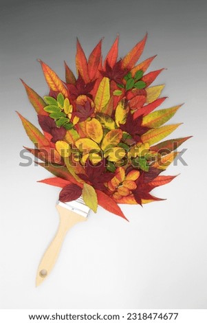 Autumn and Thanksgiving surreal paintbrush splash composition with vivid red  leaves. Nature abstract for Fall with natural fauna. On gradient grey white background. Flat lay.
