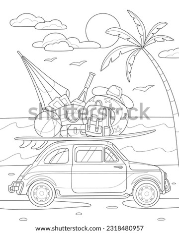 Retro car with luggage for seaside vacation. Coloring book for adults and children.