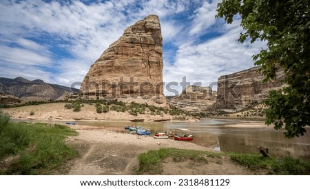 Green River, Yampa River Confluence at Steamboat Rock, River Rafters and Rafts on Beach at Echo Park - Dinosaur National Monument Colorado Royalty-Free Stock Photo #2318481129