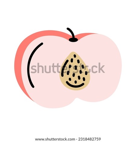 Flat Cartoon Half Cut Peach. Hand Drawn Fruit Illustration