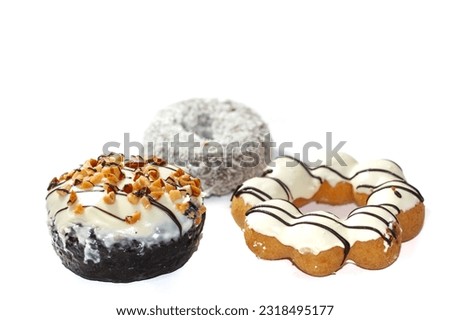 Donuts chocolate and sour bread and beans topping with concept isolated picture.sweet and delicious dessert and bakery cake.