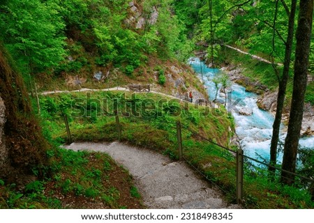 Beautiful landscape of Tolmin Gorges. Majestic scenery with clean mountain river in the deep gorges of Tolmin, Slovenia, Europe Royalty-Free Stock Photo #2318498345
