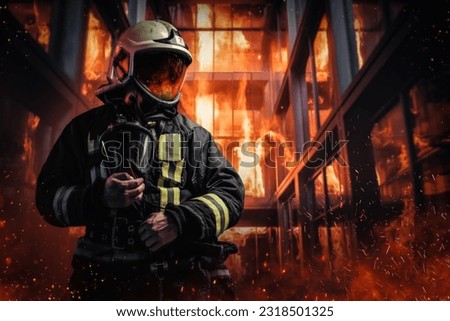 Courageous firefighter in protective uniform stands amidst billowing flames and smoke inside an office building. This photo exemplifies the bravery and sacrifice of emergency responders Royalty-Free Stock Photo #2318501325