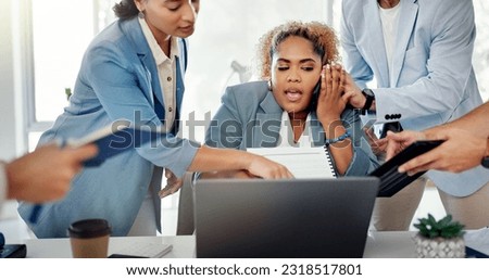 Business woman, laptop and overwhelmed with workload from colleagues multi tasking at office. Female corporate manager working or helping employees in communication with multiple tasks at workplace Royalty-Free Stock Photo #2318517801