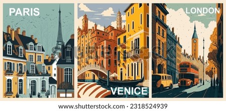 Set of Travel Destination Posters in retro style. Paris, France, London, England, Venice, Italy prints. European summer vacation, holidays concept. Vintage vector colorful illustrations Royalty-Free Stock Photo #2318524939