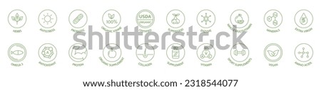 Supplement and vitamin line icon set. Natural probiotic, protein, mineral sign for packaging. Healthy food. Organic, bio, vegan product label. Detox diet badges. Nutrition sign. Vector illustration. Royalty-Free Stock Photo #2318544077