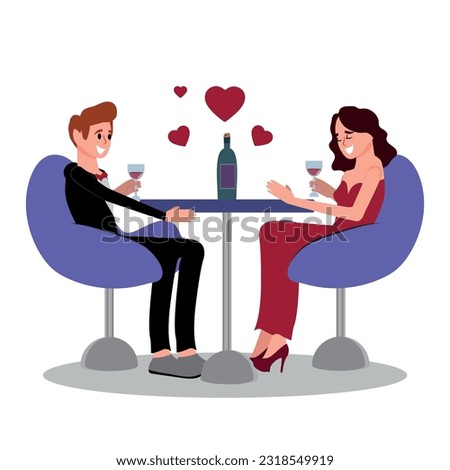 Couple on a romantic date. Young man and woman, couple in love having dinner, meeting of two close loving people in romantic relationships in cafe. cartoon illustration