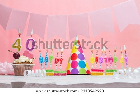 Background date of birth number  40. Anniversary. Beautiful festive background with candles for a girl. Women's congratulations postcard. Happy birthday in pink.
