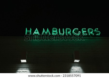 Hamburgers neon sign at night, White Mana Diner, Jersey City, New Jersey