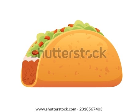 Fast food classic taco with meat and vegetables Mexico national food vector illustration isolated on white background