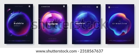 Poster collection with abstract colorful gradient sphere. Glowing vibrant liquid gradient shape on dark background. Design template for flyer, social media, banner, placard. Vector illustration Royalty-Free Stock Photo #2318567637