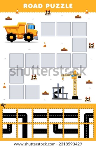 Education game for children road puzzle help dump truck move to construction site printable transportation worksheet