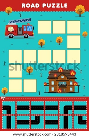 Education game for children road puzzle help firetruck move to fire house printable transportation worksheet Royalty-Free Stock Photo #2318593443