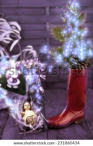 Cool Christmas tree greeting card.Christmas decoration, baby Jesus figurine and rain boot