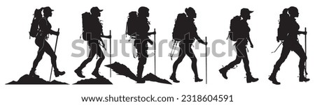 Silhouettes of climbers. Isolated female hiker on white background.hiker silhouette set. female with bag on shoulder. Royalty-Free Stock Photo #2318604591