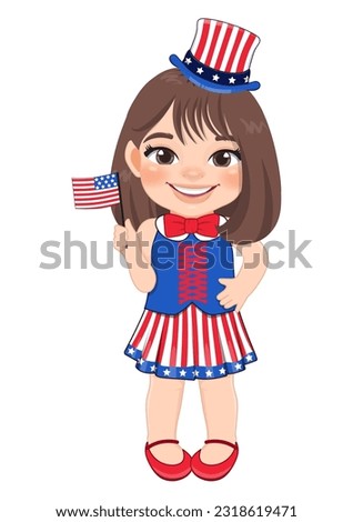 American Girl Portrait Celebrating 4th Of July Independence Day with Costume, Holding Flags, Flat icon Style Vector