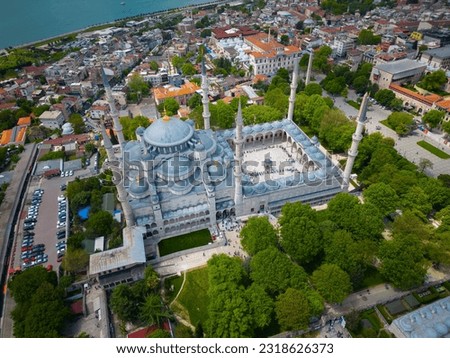Blue Mosque Sultan Ahmet Camii aerial view in Sultanahmet in historic city of Istanbul, Turkey. Historic Areas of Istanbul is a UNESCO World Heritage Site since 1985.  Royalty-Free Stock Photo #2318626373