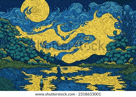 A woman and her two children looking at the full moon. A magical landscape in the style of Vincent van Gogh