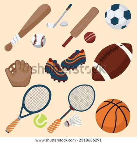 Set of Sports Game Equipment Cute Hand Drawn Illustration