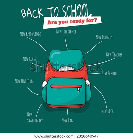 Back to school template design with school bag in cartoon and flying text design