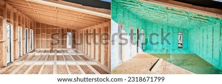 Photo collage before and after thermal insulation room in wooden frame house in Scandinavian style barn house. Comparison of walls sprayed by polyurethane foam. Construction and insulation concept.