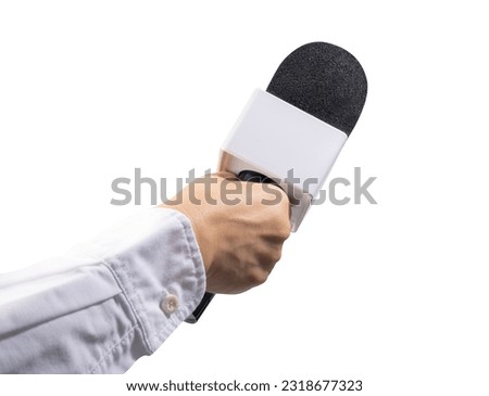 Close up Reporter Hand, Hand Holding Microphone for speech or interview on Isolate on white background with clipping path.