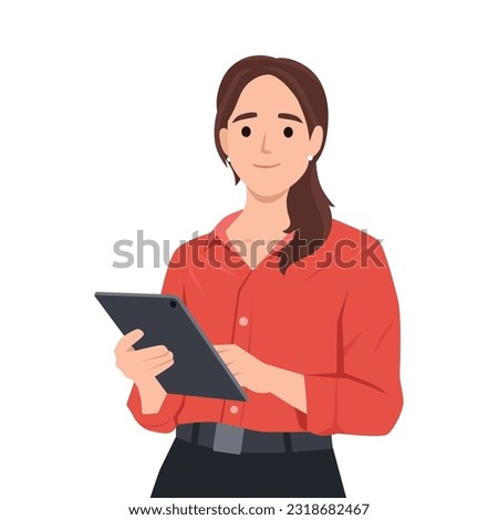 Happy young woman pointing and showing smth with hand. Smiling secretary or businesswoman explaining and presenting. Flat vector illustration isolated on white background Royalty-Free Stock Photo #2318682467