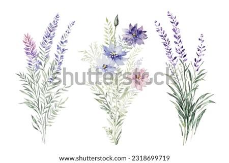 Set bouquet of wild flower, wildflowers Provence herb simple green clip art vector