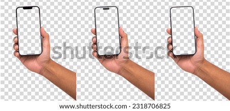 Hand holding the black smart phone  with blank screen and modern frameless design in set rotated perspective positions - isolated on white background - Clipping Path