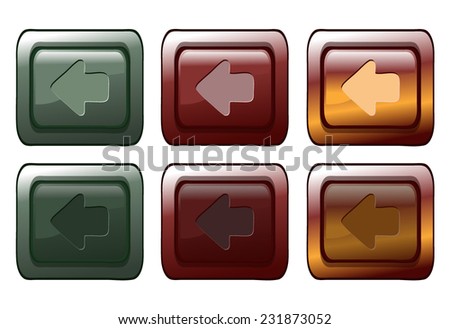 Back Button in Green, Red and Yellow colors, versions of Default and Pressed modes, all available on separate Layers. 