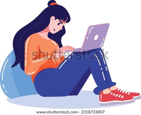 Hand Drawn girl sitting and working with laptop in flat style isolated on background