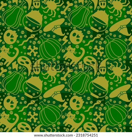 Cartoon Halloween seamless pumpkins and skulls and bones and cat and spider and ghost pattern for wrapping paper and fabrics and linens and kids clothes print and festive packaging 
