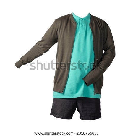 men's  dark green knitten bomber jacket, green  shirt and black sports shorts isolated on white background. fashionable casual wear