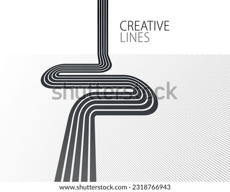 Linear composition vector road to horizon, abstract background with lines in 3D perspective, optical illusion op art, black and white monochrome.
