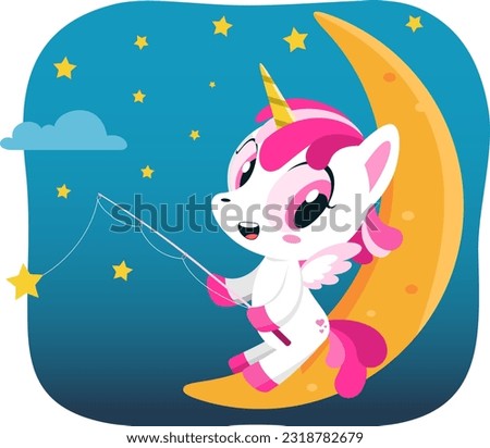 Cute Magical Baby Unicorn Cartoon Character On Moon Catch Stars. Raster Illustration Flat Design Isolated On White Background