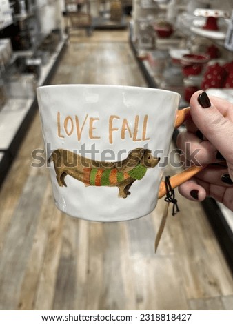 A woman holding a coffee mug with a dachshund on it. The dog is wearing a scarf and the cup says "Love Fall".