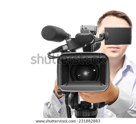 Video camera operator isolated on white background