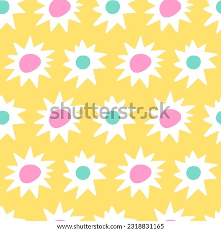 A bright trendy seamless pattern with a white sun and stars on a yellow background. Children's naive pattern.