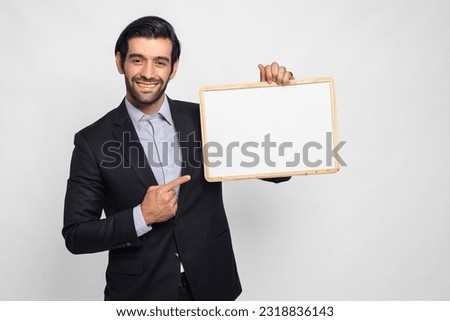 business man holding blank white board isolate on white background