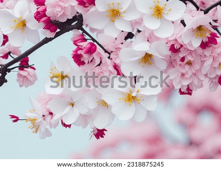 Cherry blossom background, Blurred pastel pink tone, Soft focus, there is an area for text in the corners of the picture.