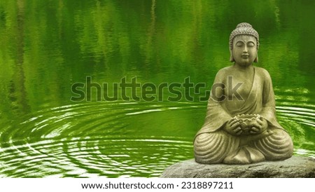buddha statue on a rock in a green forest lake with soft water wave circle, fresh green nature scene background with asian spirit and copy space
