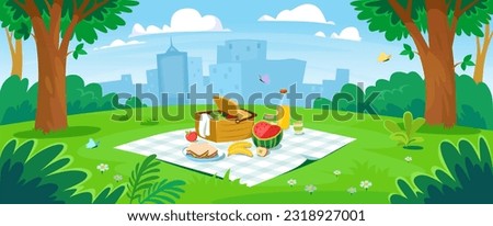 Background of a picnic set up in a city park. Basket with healthy food, apples, banana, watermelon, and juice on a blanket spread on the grass with a beautiful view. Cartoon vector illustration. Royalty-Free Stock Photo #2318927001