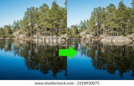 Concept of AI image upscaling restoration technology - pixelated picture of a landscape on the left, and the the enhanced (restored) version on the right	