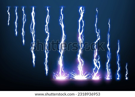 Lightning animation set with sparks. Electricity thunderbolt danger, light electric powerful thunder. Bright energy effect, vector illustration Royalty-Free Stock Photo #2318936953