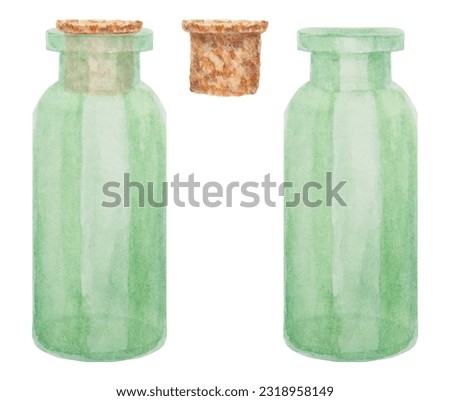 Set of watercolor green glass bottles with cork. Clip art, drawing, sketch, illustration. Stylish original hand-drawn graphic for fashion, spa, beauty, cosmetics, medicine.