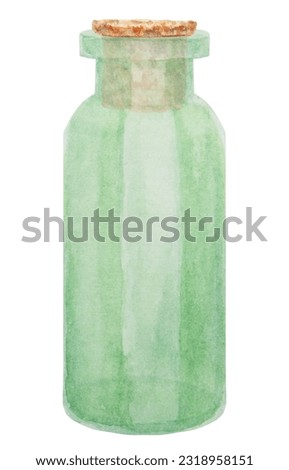 Watercolor green glass bottle with cork. Clip art, drawing, sketch, illustration. Stylish original hand-drawn graphic. Fashion, spa, beauty, cosmetics, medicine.