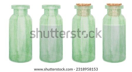 Set of watercolor green glass bottles. with cork Clip art, drawing, sketch, illustration. Stylish original hand-drawn graphic. Fashion, spa, beauty, cosmetics, medicine.